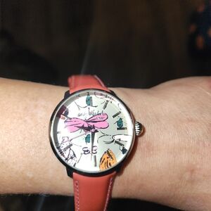 Pink Leather Strap Watch with Artistic Dial